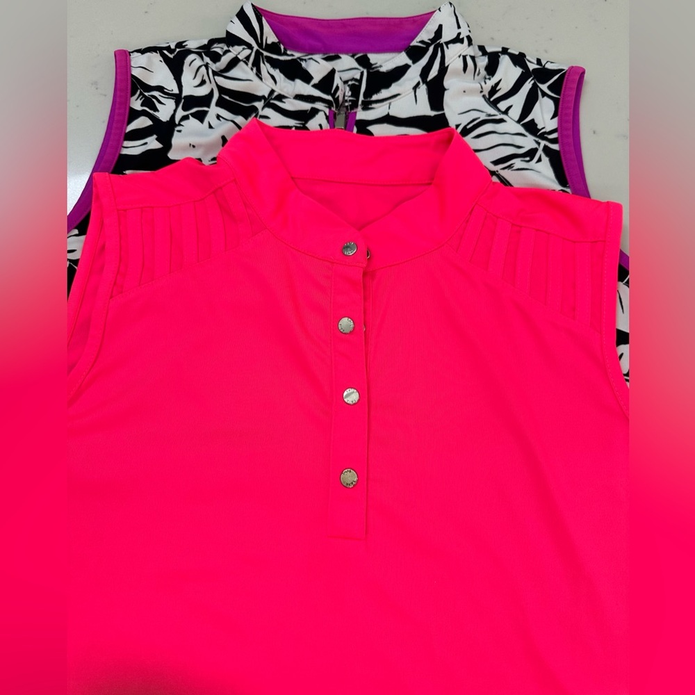 Two Tail Women's Sleeveless Tops - Black and White Leaf Print & Bright Pink - Picture 5 of 11